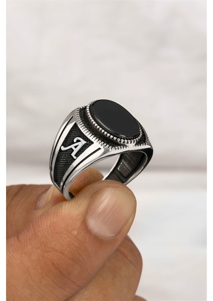 Oval Oniks Taşlı Çift Tarafı Harfli Gümüş Erkek Yüzük