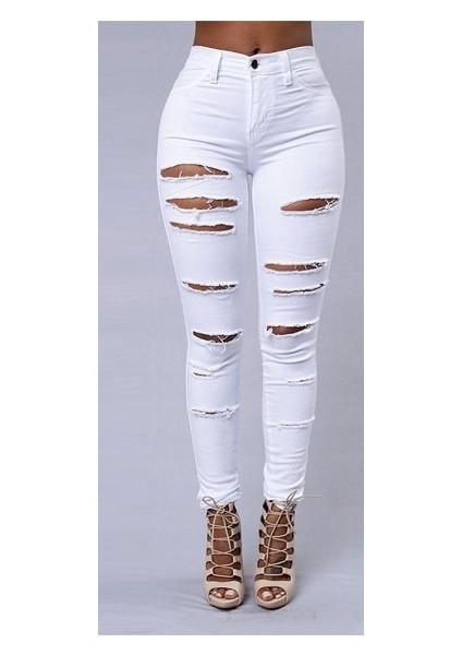 Kadın Yüksek Bel Lazer Yırtık Desenli Kot Pantolon fiyatları