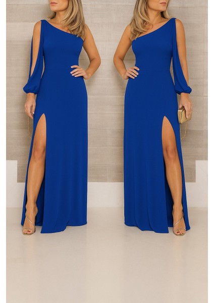 Tek Omuz Açık Derin Yırtmaçlı Krep Tam Boy Elbise