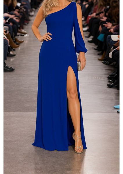 Tek Omuz Açık Derin Yırtmaçlı Krep Tam Boy Elbise fiyatları