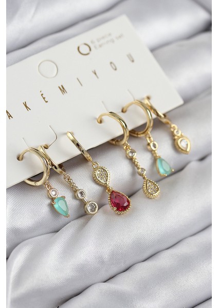 Erb Pirinç Zirkon Taşlı Sallantılı Model Gold Renk 6&apos;lı Küpe Set