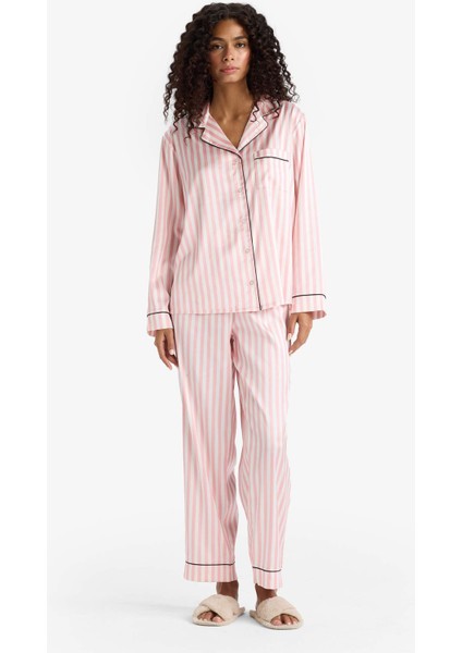 Pijama Takımı Regular Fit Çizgili Saten Uzun Kollu Üst Uzun Alt-Fall in Love C9445AX25AU
