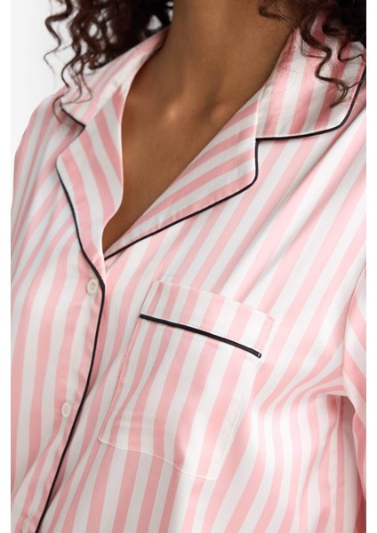 Pijama Takımı Regular Fit Çizgili Saten Uzun Kollu Üst Uzun Alt-Fall in Love C9445AX25AU fırsatları