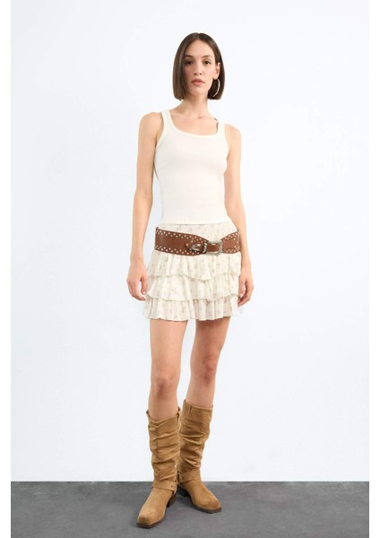 Beli Lastikli Çiçek Desenli Volanlı Mini Etek F7905AX25SM