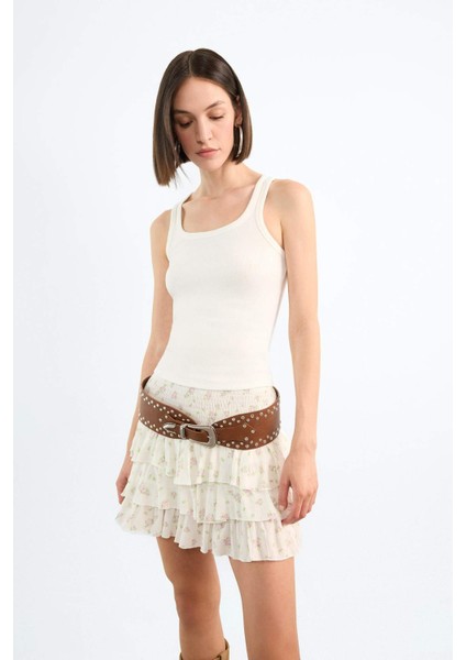 Beli Lastikli Çiçek Desenli Volanlı Mini Etek F7905AX25SM fırsatları