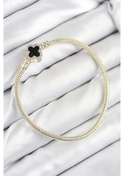 Pirinç Charm Zirkon Taşlı Yonca Model Gold Renk Kadın Bileklik