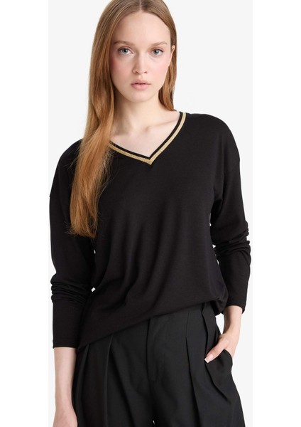 Regular Fit V Yaka Uzun Kollu Tişört G0210AX25AU