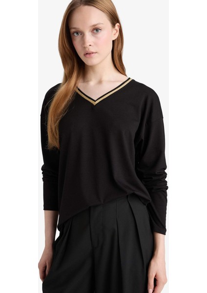 Regular Fit V Yaka Uzun Kollu Tişört G0210AX25AU modelleri