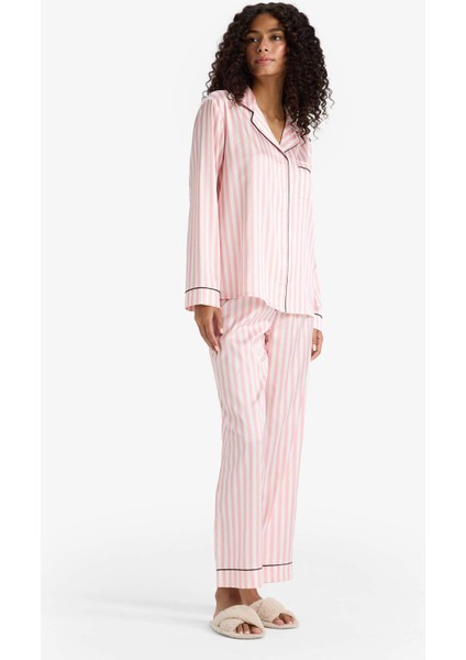 Pijama Takımı Regular Fit Çizgili Saten Uzun Kollu Üst Uzun Alt-Fall in Love C9445AX25AU fiyatları