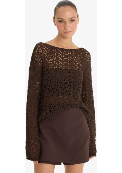 Regular Fit Kayık Yaka Ajurlu Kazak modelleri