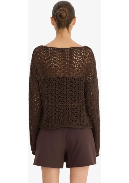 Regular Fit Kayık Yaka Ajurlu Kazak