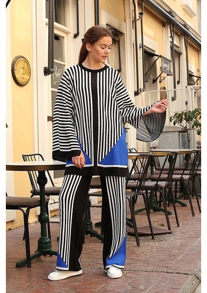 Çizgili Bisiklet Yaka Triko Takım Siyah fırsatları