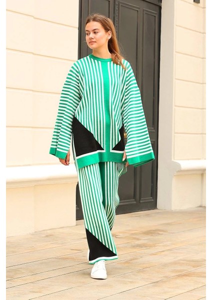 Çizgili Bisiklet Yaka Triko Takım Yeşil modelleri