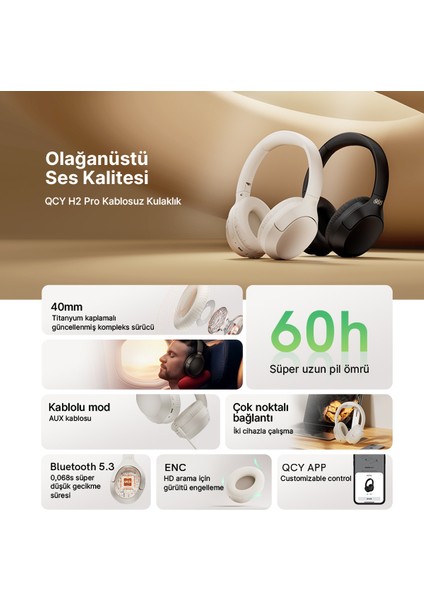 H2 Pro Aux Kablosuz Bt 5.3 Beyaz Kulaklık Hifi Enc 70 Saat Dinleme Oyun Modu fiyatları