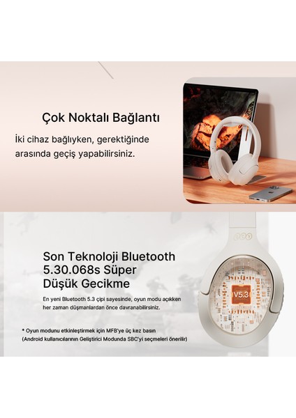 H2 Pro Aux Kablosuz Bt 5.3 Beyaz Kulaklık Hifi Enc 70 Saat Dinleme Oyun Modu