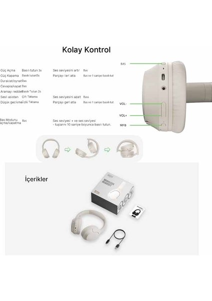 H2 Pro Aux Kablosuz Bt 5.3 Beyaz Kulaklık Hifi Enc 70 Saat Dinleme Oyun Modu