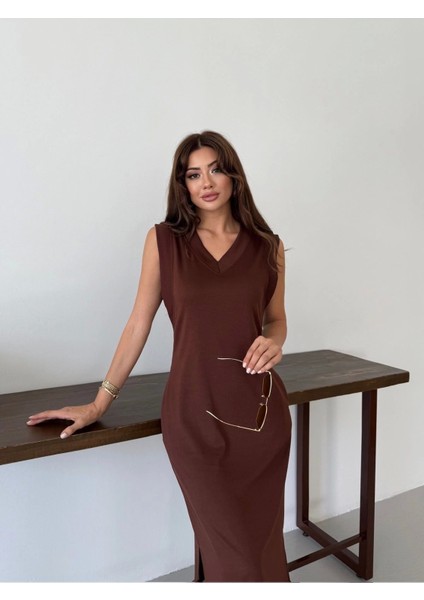 Pamuk V Yaka Yırtmaçlı Uzun Elbise –kahverengi fırsatları