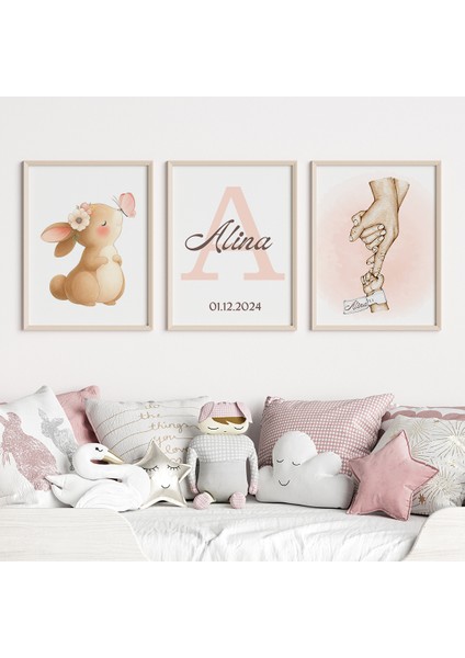 Tatlı Tavşan Aile Temalı Pembe 3'lü Isim Tablo Seti, Çocuk Odası Tablosu, Bebek Odası Tablosu