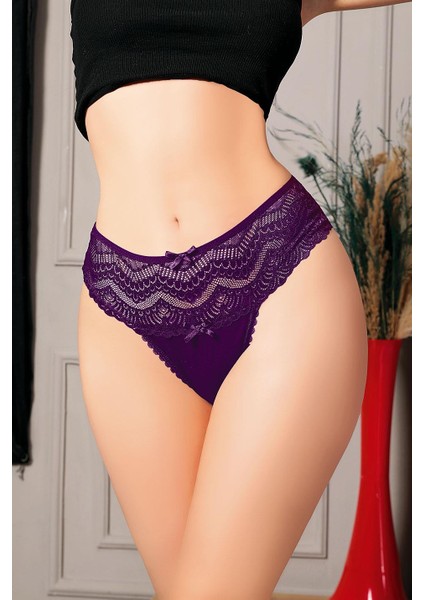 Büyük Beden Bel Kısmı Dantelli Fantezi Mor Tanga String