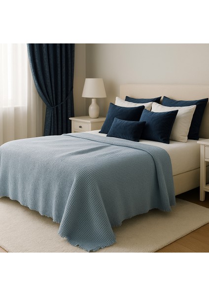 HB&Victory Waffle %100 Pamuk Premium Yatak Örtüsü Deniz Mavisi Renk Tek Kişilik 160X240 cm indirimleri