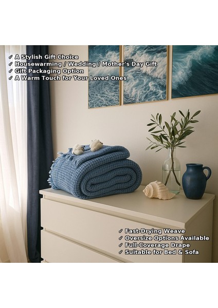 HB&Victory Waffle %100 Pamuk Premium Yatak Örtüsü Deniz Mavisi Renk Tek Kişilik 160X240 cm