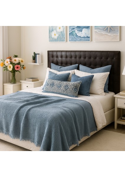 HB&Victory Waffle %100 Pamuk Premium Yatak Örtüsü Deniz Mavisi Renk Çift Kişilik 230X250 cm