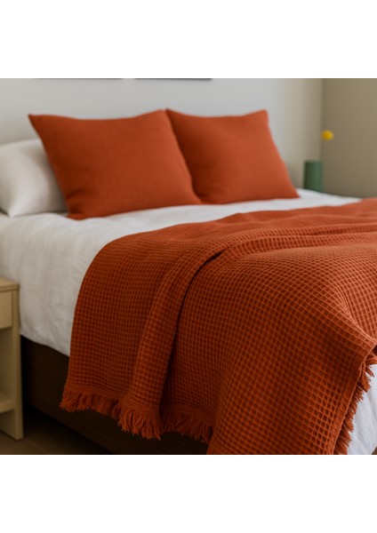 HB&Victory Waffle %100 Pamuk Premium Yatak Örtüsü Tarçın Renk Çift Kişilik 230X250 cm