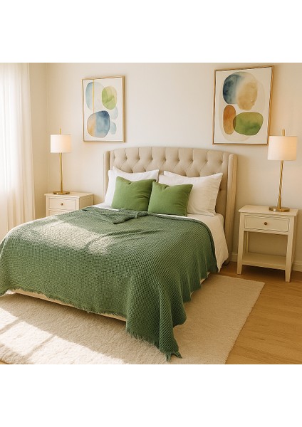 HB&Victory Waffle %100 Pamuk Premium Yatak Örtüsü Haki Renk Çift Kişilik 230X250 cm