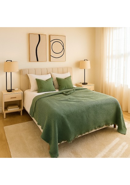 HB&Victory Waffle %100 Pamuk Premium Yatak Örtüsü Haki Renk Çift Kişilik 230X250 cm