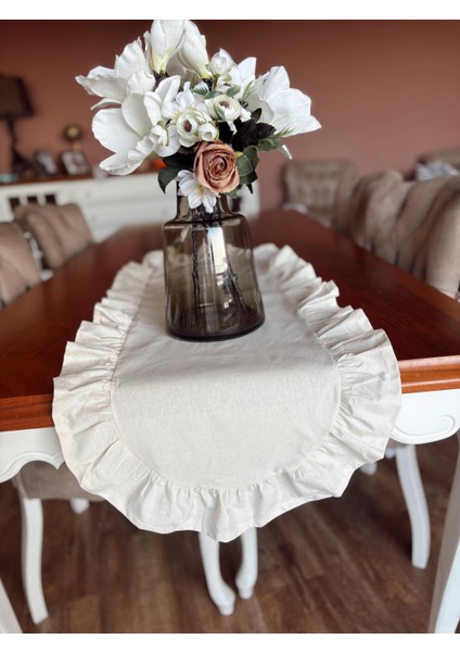 Nurgita Home Natürel Ham Keten Fırfırlı Oval Runner