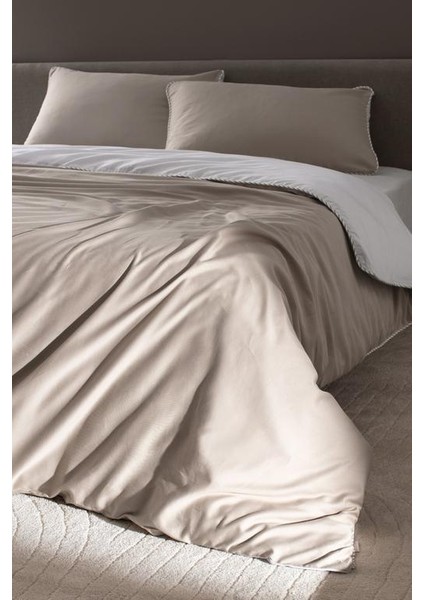 Yeni Sezon Verne King Size %100 Pamuk Biyeli Baskılı Saten Nevresim Takımı - Bej/beyaz - Bej/beyaz fiyatları