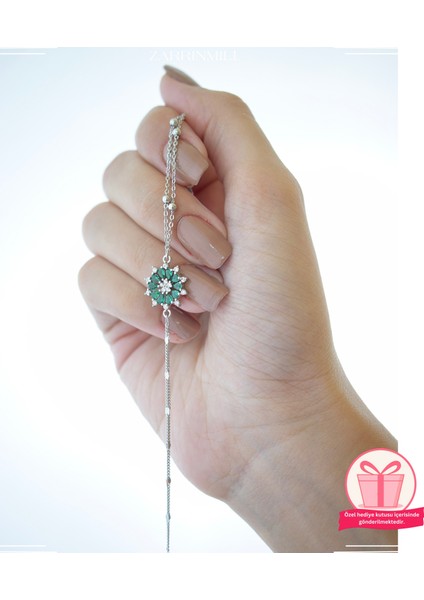 Kadin 925 Ayar Gümüş Renkli Kar Tanesi Zümrüt Taşlı Bileklik fiyatları