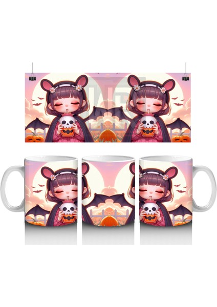 Sevimli Kostümlü Kız Çocuk Figürlü Tatlı Cadılar Bayramı Baskılı Kupa Bardak