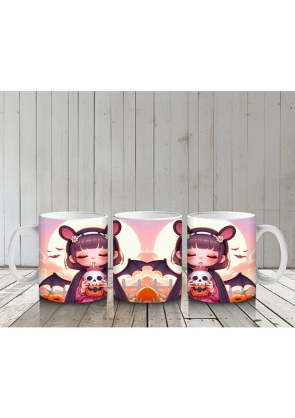 Sevimli Kostümlü Kız Çocuk Figürlü Tatlı Cadılar Bayramı Baskılı Kupa Bardak