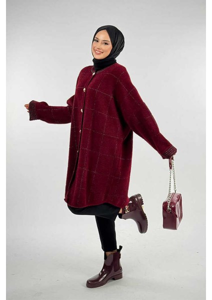 Kare Çizgili Düğmeli Hırka 18329 Bordo modelleri