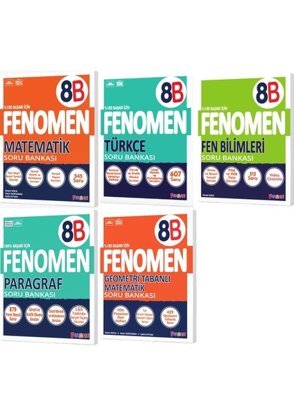 Fenomen Okul 2025 8. Sınıf Matematik + Türkçe + Fen + Geometri + Paragraf B Serisi Soru Bankası Seti 5 Kitap