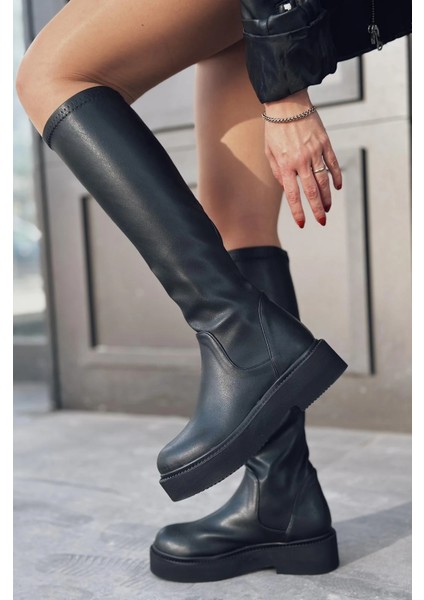 Rontes Mat Deri Streç Kadın Çizme Siyah indirimleri