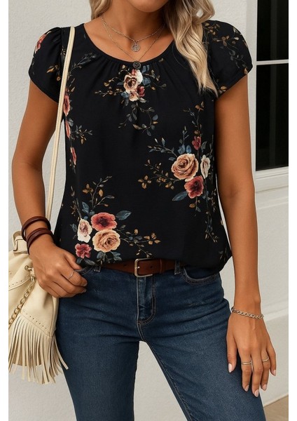 Kadın Kısa Kollu Bisiklet Yaka Çiçek Baskılı Süprem Bluz