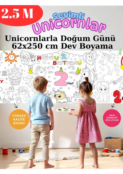 2 Yaş Doğum Günü Partisi Unicorn Temalı 2.5 M Dev Boyama Kağıdı | Eğitici Oyuncak, Kitap, Hediye