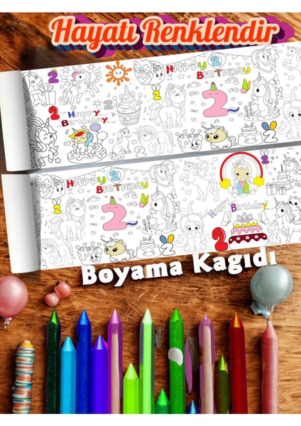 2 Yaş Doğum Günü Partisi Unicorn Temalı 2.5 M Dev Boyama Kağıdı | Eğitici Oyuncak, Kitap, Hediye