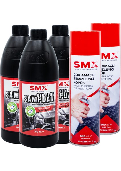 Çok Amaçlı Temizleyici Köpük 500 ml 3 Adet + Oto Bebe Şampuanı 750 ml 2 Adet