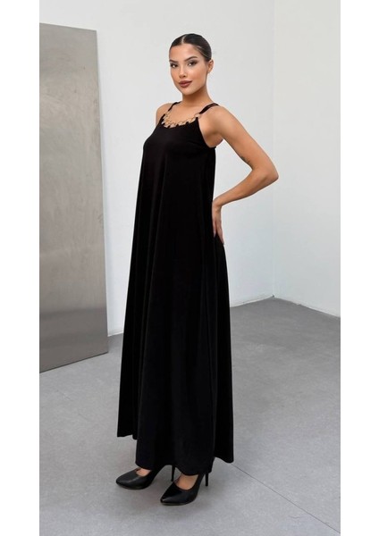 Kadın Omuz Askılı Kuş Gözü Zincir Detay Sandy Kumaş Maxi Boy Elbise modelleri