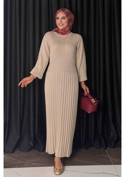 Beli Lastikli Simli Triko Elbise 18322 Taş