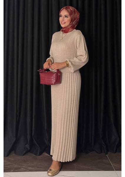 Beli Lastikli Simli Triko Elbise 18322 Taş modelleri