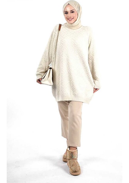 Desenli Bisiklet Yaka Tunik 18326 Taş