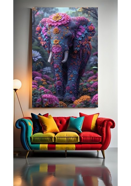 Çiçek Desenli Fil Ev Duvar Salon Güzellik Salonu Ofis Dükkan Dekarasyon Kanvas Tablo