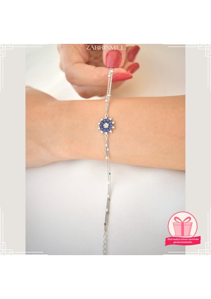 Kadin 925 Ayar Gümüş Renkli Kar Tanesi Safir Taşlı Bileklik