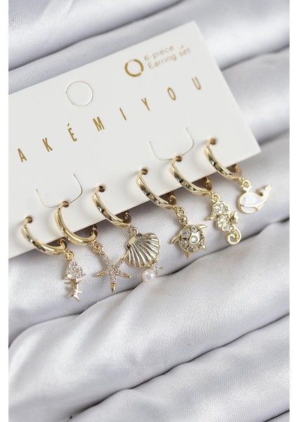 Pirinç Zirkon Taşlı Istiridye Balina ve Yıldız Gold Renk 6'lı Küpe Set - TJ-BKP11203