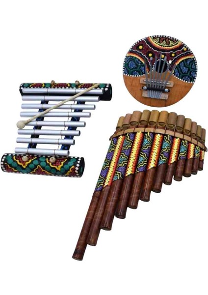 El Yapımı 3'lü Set Doğal Bambu Pan Flüt, Ksilofon, Coconat Kalimba Aborjin Desenli Otantik Müzik Takımı fırsatları