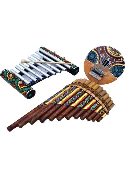 El Yapımı 3'lü Set Doğal Bambu Pan Flüt, Ksilofon, Coconat Kalimba Aborjin Desenli Otantik Müzik Takımı indirimleri